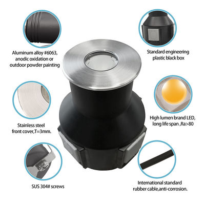 ไฟทางเดินแบบฝังพื้นกลม 3W IP67 ฝาครอบด้านหน้าสแตนเลสสตีล 316 DIA55MM DC24V