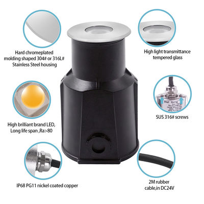 ไฟใต้น้ำสระว่ายน้ำขนาดเล็กแบบฝัง 1W 2W LED IP68 3000K สีเดียว แรงดันไฟฟ้า 12V/24V DC