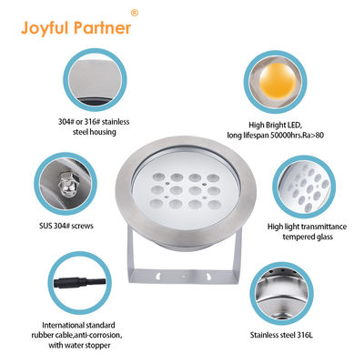 ไฟสปอร์ตไลท์ใต้น้ำ LED แบบติดตั้งบนพื้นผิว IP68 สแตนเลส 24V 12VDC 3000K RGB