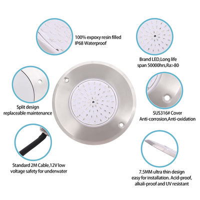 ไฟสระว่ายน้ํา LED IP68 สีขาว / สีขาวอบอุ่น 316 หลังสแตนเลส 6W SMD 2835 63Pcs
