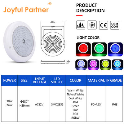 สีเปลี่ยนสระว่ายน้ํา แสง ABS PC RGB Emtting 12V Input ด้านผิวสีขาวอบอุ่น
