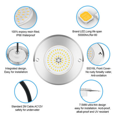 RGB Ultra Slim IP68 ไฟสระว่ายน้ํา LED SS316 แบบรวม SMD2835 6W
