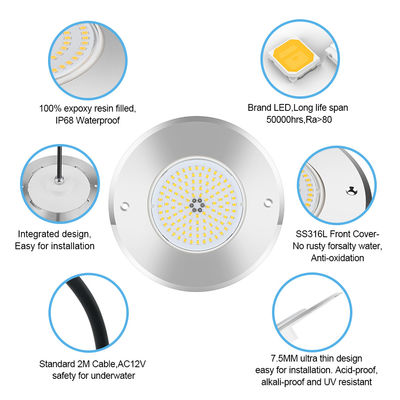 316L สแตนเลส ลงพื้นสระว่ายน้ํา ไฟ DIA 160mm * 32mm AC12v ด้วยรีโมทควบคุม