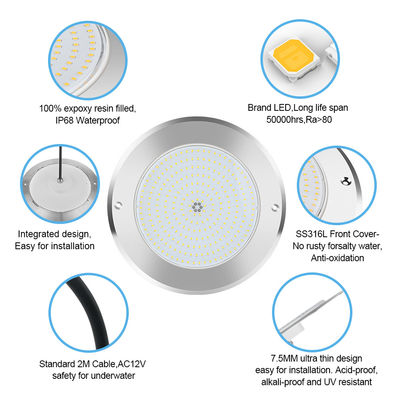 SUS316 หลังคาติดตั้ง IP68 DC12V 3000K ภายใต้น้ํา LED สปา สระแสง