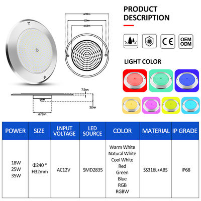 SUS316 หลังคาติดตั้ง IP68 DC12V 3000K ภายใต้น้ํา LED สปา สระแสง