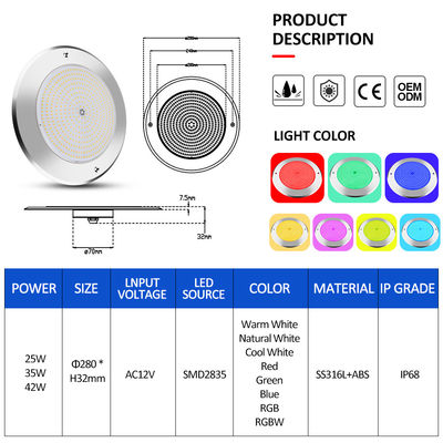 แสงสระว่ายน้ําใต้น้ํา LED 316 เหล็กไม่ржаาว 25W Smd2835 ธ อร์ซิน เติม 3000K RGB สระว่ายน้ํา แสงสระว่ายน้ํา SMD 2835 AC 12v IP68 กันน้ําเต็ม