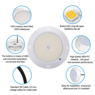 ผืนยาง Epoxy เติมสระว่ายน้ําแสงติดผนัง ABS Housing IP68 AC12V 18W Dia 260mm