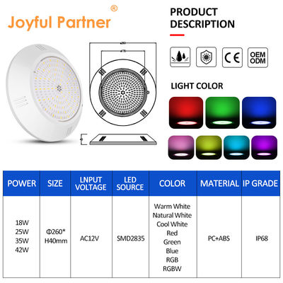 ผืนยาง Epoxy เติมสระว่ายน้ําแสงติดผนัง ABS Housing IP68 AC12V 18W Dia 260mm