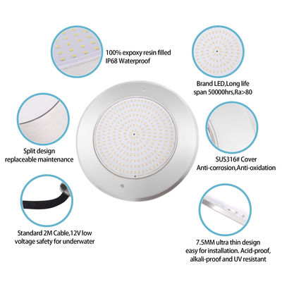 แสงสระว่ายน้ําแบบกันน้ํา PAR56 LED 316SS Housing Ultra Thin 7.5mm Resin เติมผนังติดตั้ง 230MM 18W 25W DC AC12V