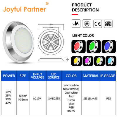 IP68 280mm ผนังติดตั้งเหล็กไร้ขัด RGB LED ใต้น้ํา สระว่ายน้ํา ไฟ