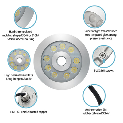ไฟน้ำพุ LED สแตนเลสสตีล 316 RGB สีเดียว 170*61MM DC12V / 24V กันน้ำ IP68