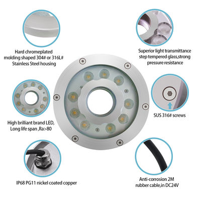 DC24V ไฟ LED RGB กันน้ำแบบวงแหวน หัวฉีดสีสันสดใส โคมไฟใต้น้ำ น้ำพุ 9W & 27W ระดับ IP68