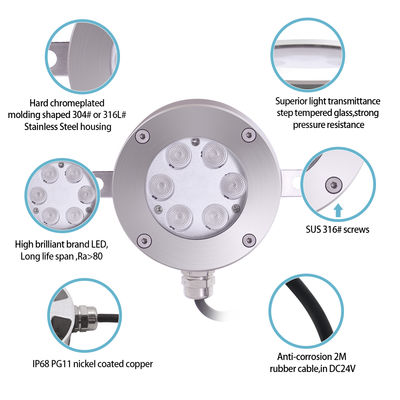 ไฟพุ LED ควบคุมด้วย DMX512 DC24V 12W 3000K สแตนเลส IP68 สำหรับภูมิทัศน์ใต้น้ำ
