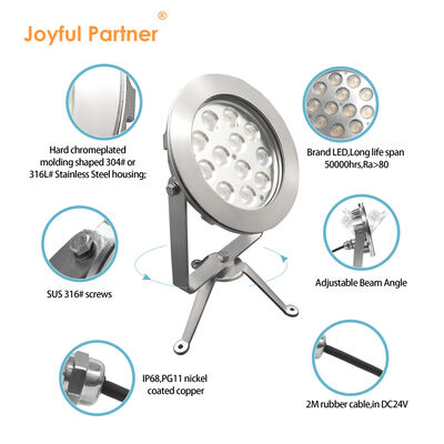 ไฟสปอร์ตไลท์ใต้น้ำ LED ได้รับการรับรอง CE ROHS จากโรงงาน DC24V IP68, 12X1W LED สีเดียว DC 24V แรงดันไฟฟ้าต่ำ