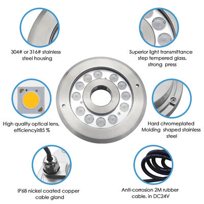 ไฟหัวฉีดน้ำพุสระน้ำ สแตนเลสสตีล 316L RGBW 4in1 DMX สำหรับน้ำพุขนาดเล็ก
