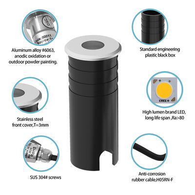 LED Uplight 316 เสาเหล็กไร้ขัด Cover อลูมิเนียม หลอดกระจกกระจก tempered IP67 1W อบอุ่น ขาว 3000K